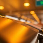 A close-up view of a sleek, modern electronic toll booth device, its surface gleaming with a metallic sheen under warm, diffused lighting. The device is positioned at an angle, casting soft shadows across its contoured edges. The background is blurred, hinting at the expansive highway or road infrastructure it is situated within. The overall composition conveys a sense of efficiency, technology, and the convenience of electronic toll collection, aligning with the article's subject matter of "Abonnement de télépéage : avantages et bons plans".