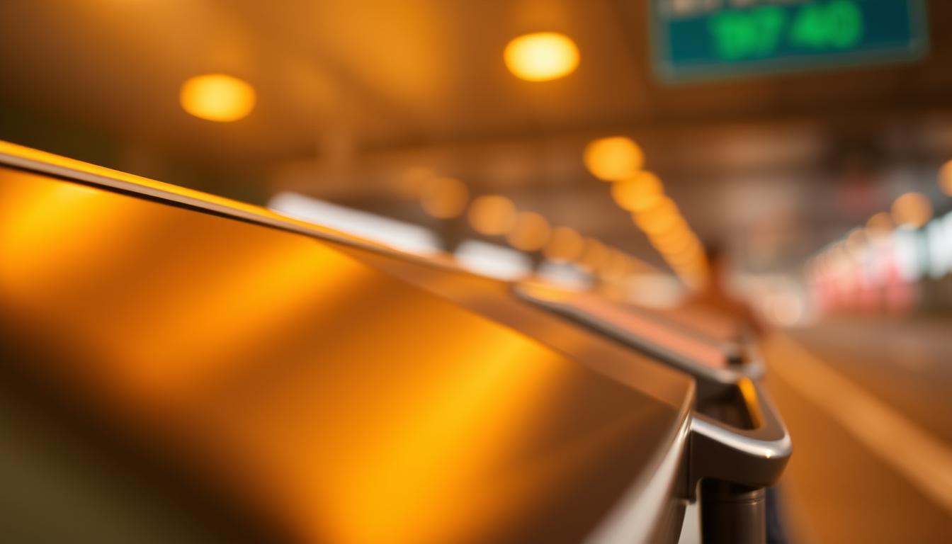 A close-up view of a sleek, modern electronic toll booth device, its surface gleaming with a metallic sheen under warm, diffused lighting. The device is positioned at an angle, casting soft shadows across its contoured edges. The background is blurred, hinting at the expansive highway or road infrastructure it is situated within. The overall composition conveys a sense of efficiency, technology, and the convenience of electronic toll collection, aligning with the article's subject matter of "Abonnement de télépéage : avantages et bons plans".